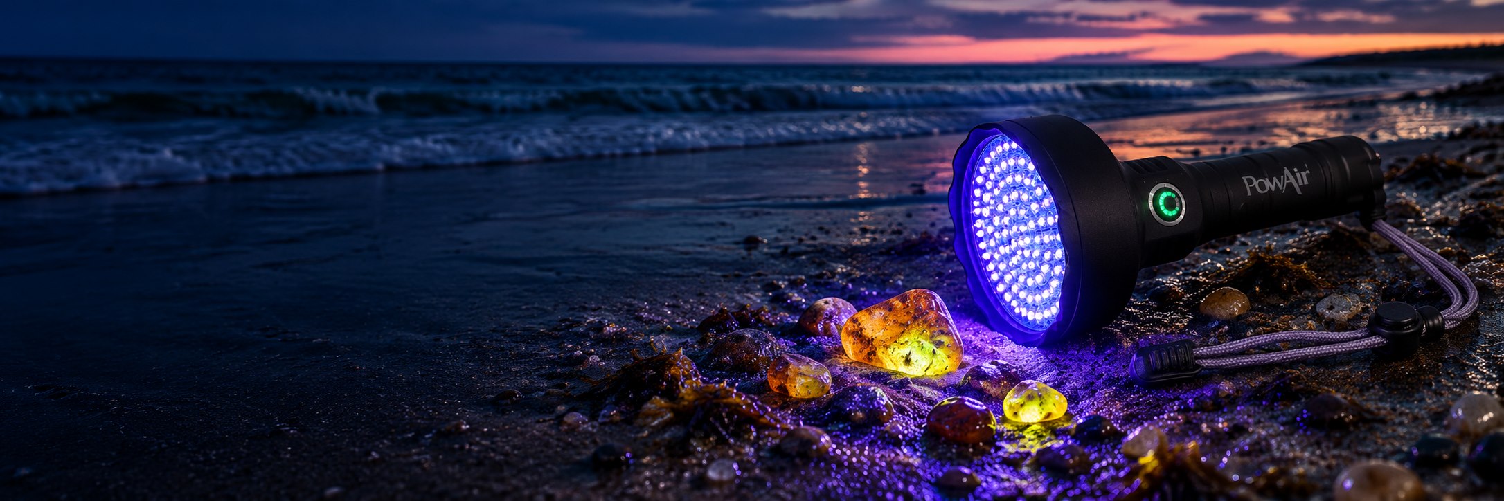 Latarka PowAir UV oświetlająca bursztyny na plaży o zmierzchu